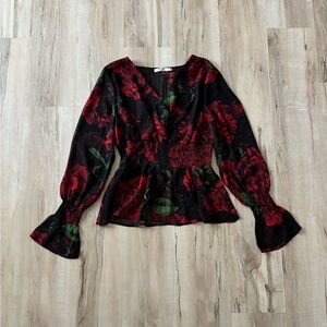 Na-kd Smocked Sleeve Blouse Floral V-Neck Blouse - Red and Black Sheer Roses